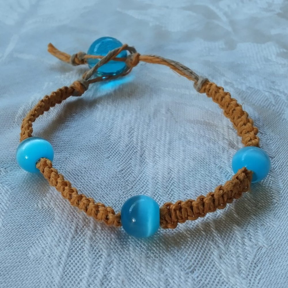 Hand Crafted Yellow and Blue Hemp Beaded Bracelet